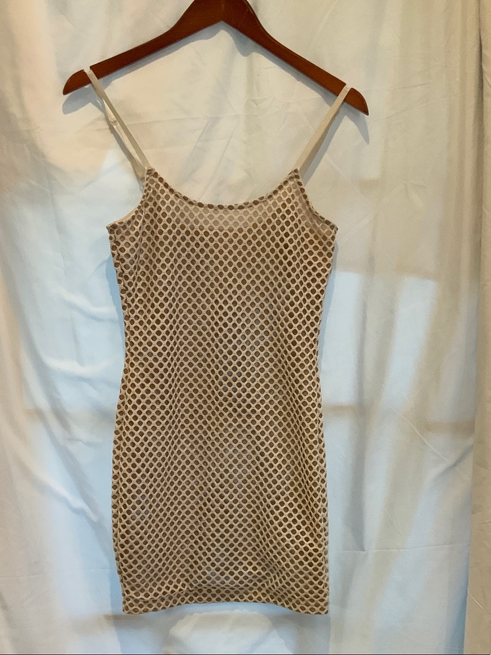 Neutral Beige Mesh-Overlay Mini Dress